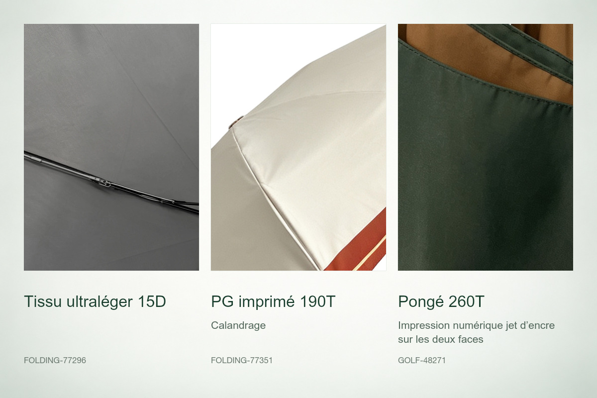 Guide des tissus de parapluie · 15D / 190T / 260T · FOLDING-77296 / FOLDING-77351 / GOLF-48271