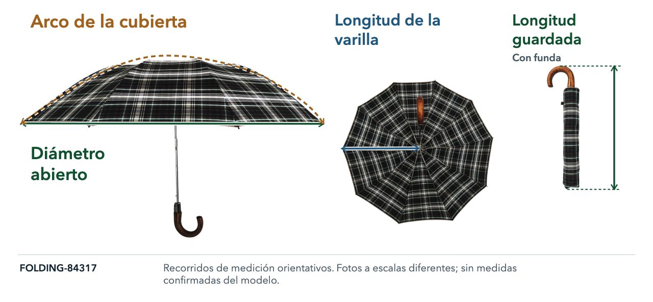 Fotografías reales del FOLDING-84317 con líneas para medir diámetro, arco, varilla y longitud con funda.